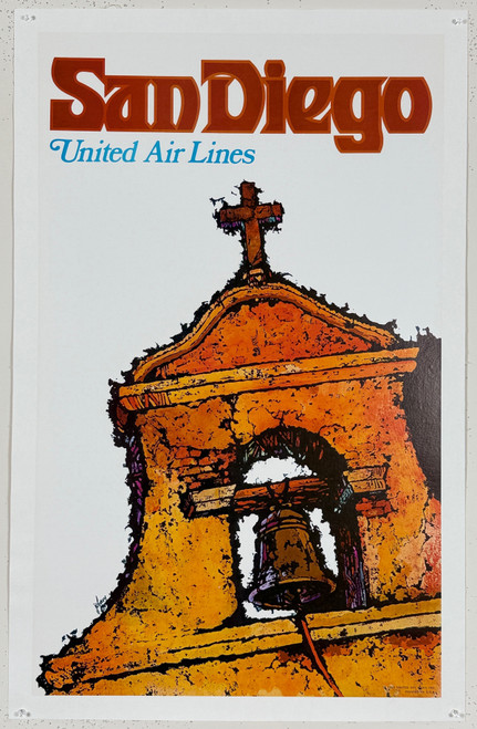 San Diego United Airlines Poster By James Jebavy Original 1968 Vintage American Lithograph Passenger Plane Service Advertisement Linen Backed.
