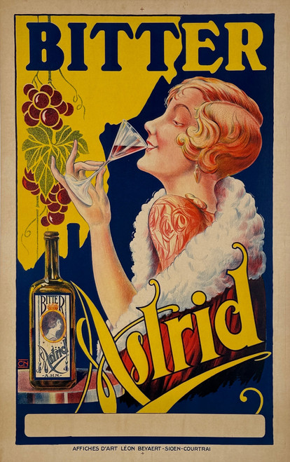 Bitter Astrid Poster Original 1926 Vintage Belgium Liqueur Company Stone Lithograph Advertisement Linen Backed.