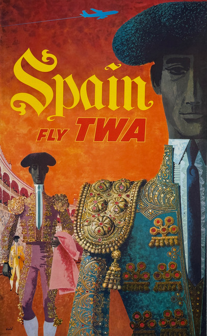Spain Fly TWA Airline Poster By David Klein Original 1960 Vintage USA Passenger Plane Travel Lithograph Advertisement Linen Backed.
