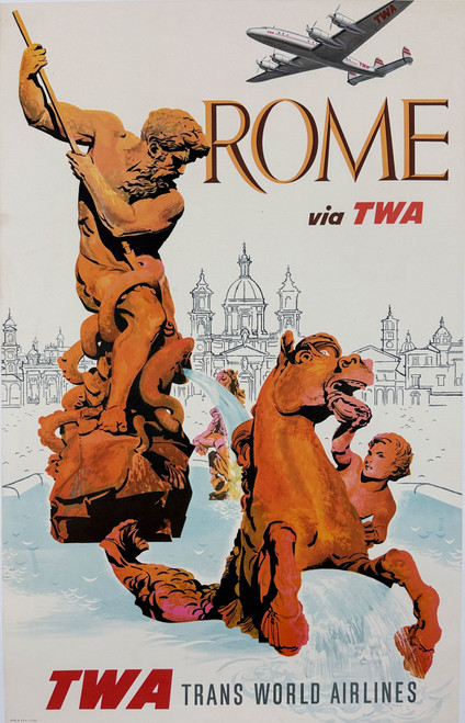 Rome Via TWA Poster By David Klein Original 1956 Vintage USA Plane Travel Lithograph Advertisement Linen Backed.  Bernini Fountain
