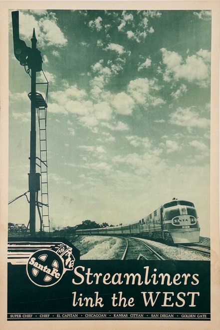 Santa Fe Railway Streamliners Link the West Poster Original 1939 American Photo Offset Passenger Train Travel Advertisement Linen Backed.