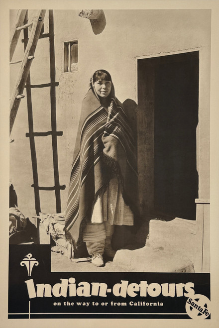 Santa Fe Railway Indian Detours To Or from California Poster Original 1939 American Photo Offset Passenger Train Travel Advertisement Linen Backed.