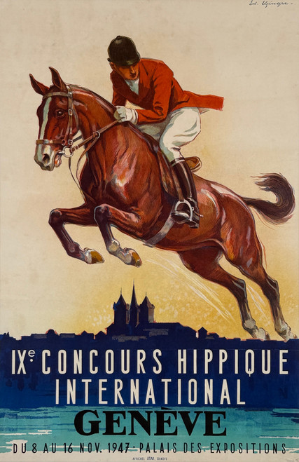 Geneve IXe Concours Hippique International Poster by Edouard Elzingre Original 1947 Vintage Swiss Stone Lithograph Horse Jumping Competition Advertisement Linen Backed.
