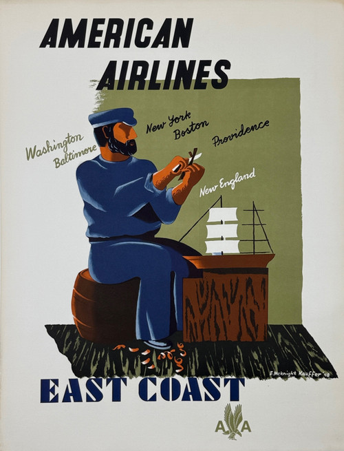 American Airlines East Coast Poster by E. McKnight Kauffer Original 1948 Vintage USA Lithograph Passenger Plane Travel Advertisement Linen Backed.
