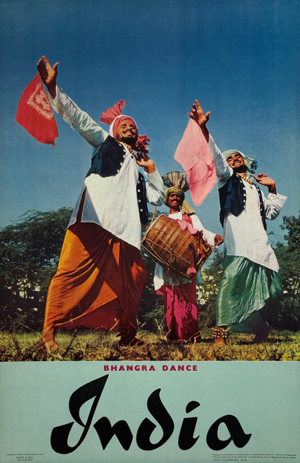 India Bhangra Dance Poster by Bombay Fine Art & Litho Works Ltd Original 1959 Vintage Indian Photo Offset Lithograph Travel Advertisement Linen Backed.