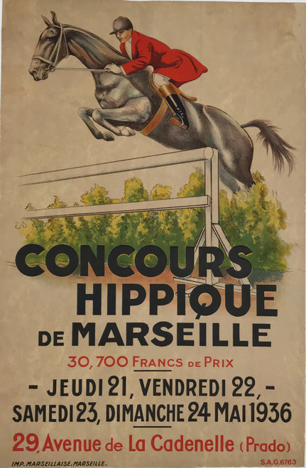Concours Hippique De Marseille Poster Original 1936 Vintage French Lithograph Equestrian Sports Advertisement Linen Backed.