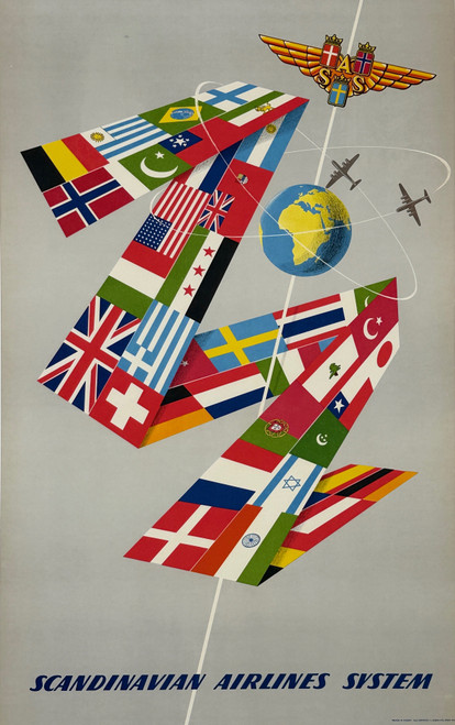SAS Scandinavian Airlines System Poster by Olle Svensson Original 1952 Vintage Denmark Lithograph Plane Travel Advertisement Linen Backed.