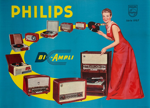 Philips Bi Ampli Radio Poster by Elvinger Original 1957 Vintage French Lithograph Radio/Record Player Advertisement Linen Backed.