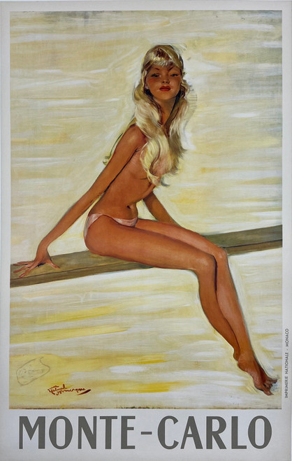 Monte Carlo Monaco Poster by J G Domergue Original 1950 Vintage French Travel Advertisement Offest Lithograph Linen Backed. Bridget Bardot on Diving Board.