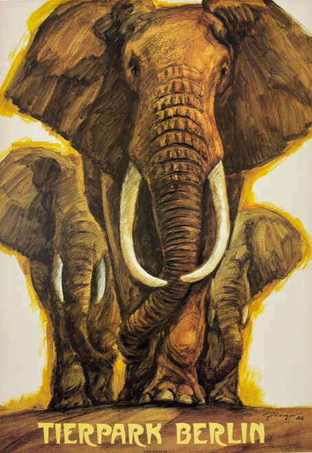 Tierpark Zoo Berlin Elephants Poster by Reiner Ziegler Original 1986 Vintage German Animal Preserve Advertisement Linen Backed.