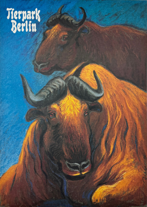 Tierpark Berlin Gnus by Ziegler Original 1986 Vintage German Zoo Advertisement Travel Poster Linen Backed.
