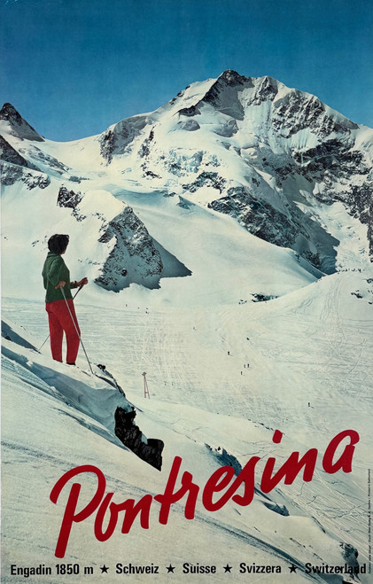 Pontresina Engad in 1850 m Poster by Jules Geiger Original 1962 Vintage Swiss Heliography Winter Travel Advertisement Linen Backed.