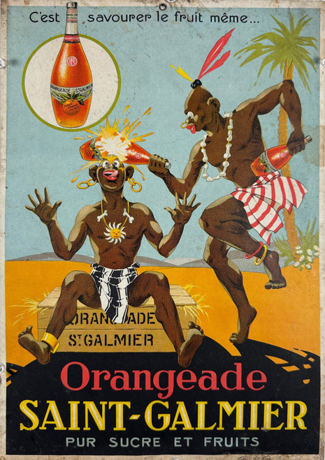 Orangeade Saint Galmier Jus De Fruits Poster Original 1925 Vintage French Orange Soda Company Stone Lithograph Store Display Advertisement On Carton.
