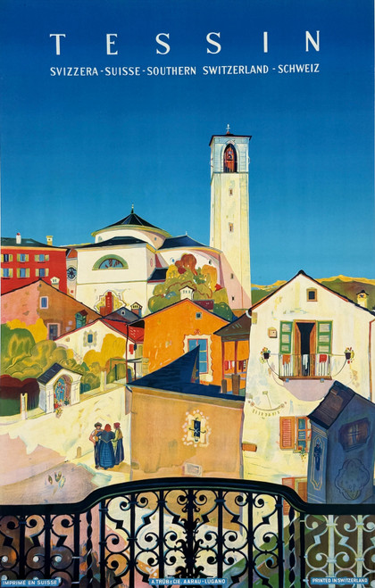 Tessin Switzerland Poster by Daniel Buzzi Original 1948 Vintage Swiss Lithograph Travel Advertisement Linen Backed.