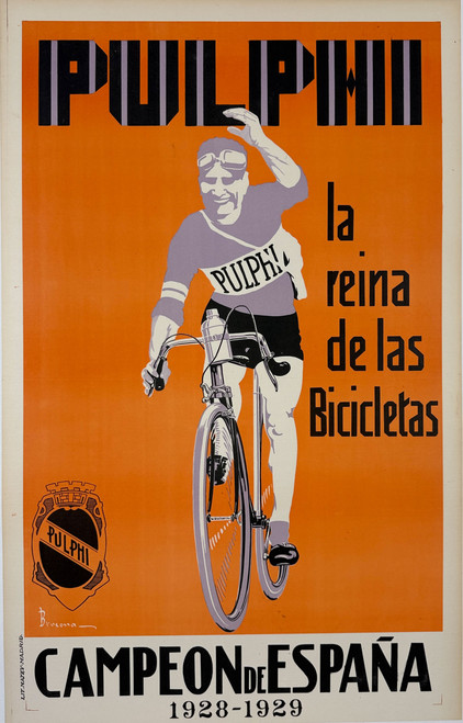 Pulphi Cycles Campeon De Espana Poster by Brocona Original 1929 Vintage Spanish Bicycle Advertisement Linen Backed.