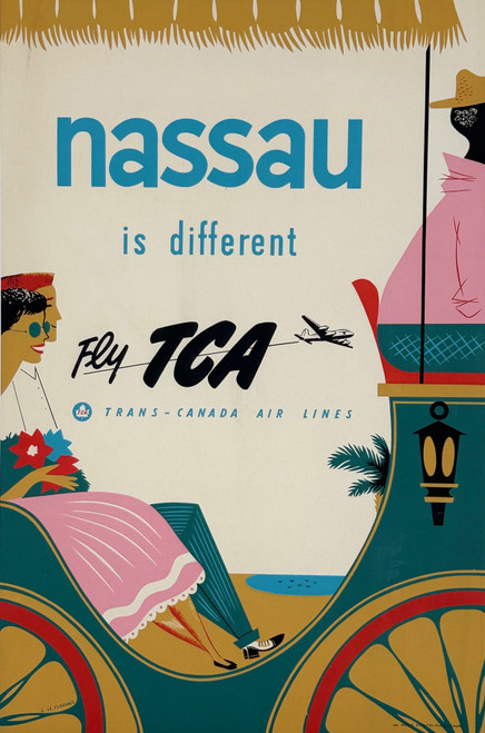 Nassau Fly Trans Canada Air Lines TCA Poster by J. de Flaguais Original 1953 Vintage Canadian Silkscreen Lithograph Airline Travel Advertisement Linen Backed.