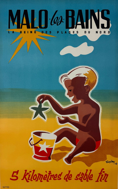 Malo Les Bains Plages Du Nord Poster by Tillyjac Original 1958 Vintage French Travel Advertisement Lithograph Linen Backed.