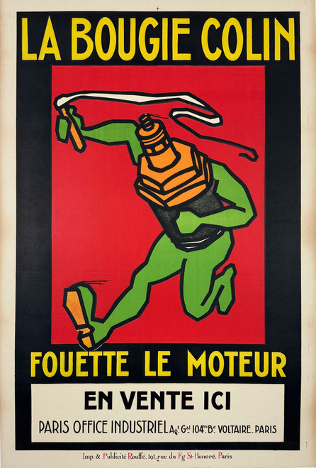 La Bougie Colin Fouette Le Moteur Poster by Rouffe Original 1930 Vintage French Spark Plug Company Stone Lithograph Advertisement Linen Backed.