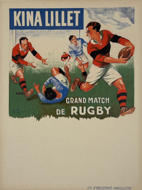 Kina Lillet Grand Match De Rugby Poster by Andre Galland Original 1930 Vintage French Wine Company Promotion Stone Lithograph Advertisement Linen Backed.