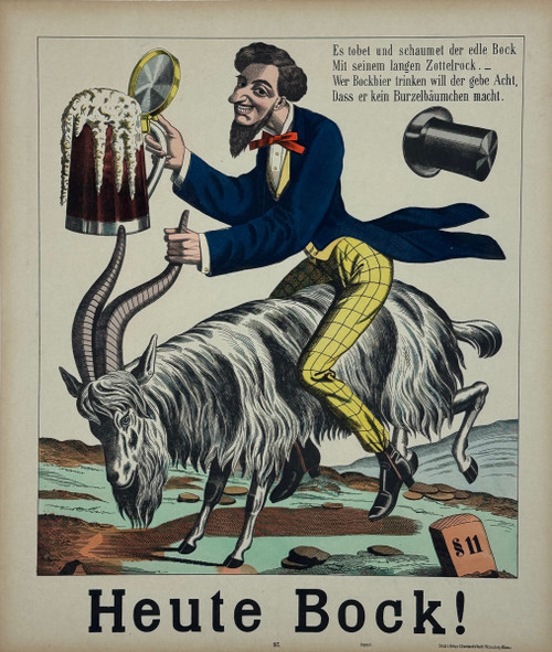 Heute Bock Beer Wissembourg Poster Original 1890's Vintage German Biere Company Stone Lithograph Advertisement Linen Backed.