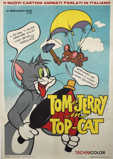 Tom & Jerry Top-Cat Movie Poster Original 1967 Vintage Italian Lithograph Theatrical Use Advertisement Linen Backed.
