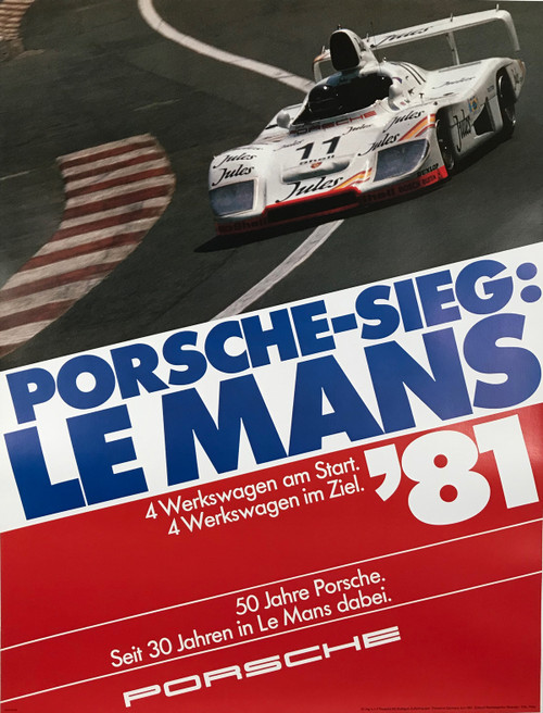 Porsche Sieg Le Mans 1981 Poster Photo by Peter Original Vintage German Strenger Car Racing Promotional Lithograph Advertisement Linen Backed.