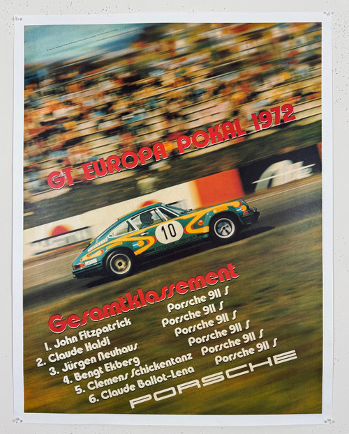 Porsche GT Europa Pokal 1972 Poster Photo by Kraling Original Vintage German Car Racing Promotional Lithograph Advertisement Linen Backed.