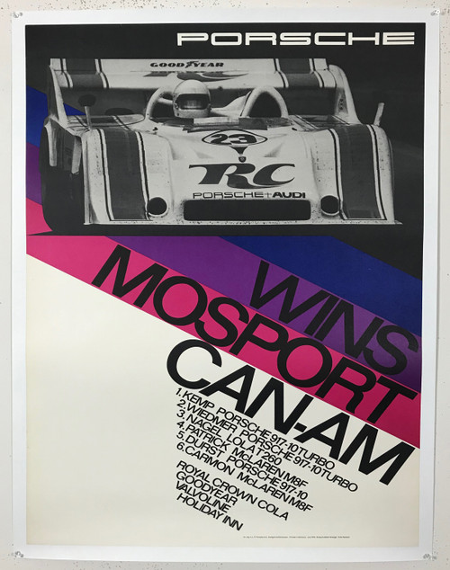 Porsche Wins Mosport Can Am Poster. Photo By Reichert Original 1973 Vintage German Strenger Promotional Lithograph Advertisement Linen Backed.