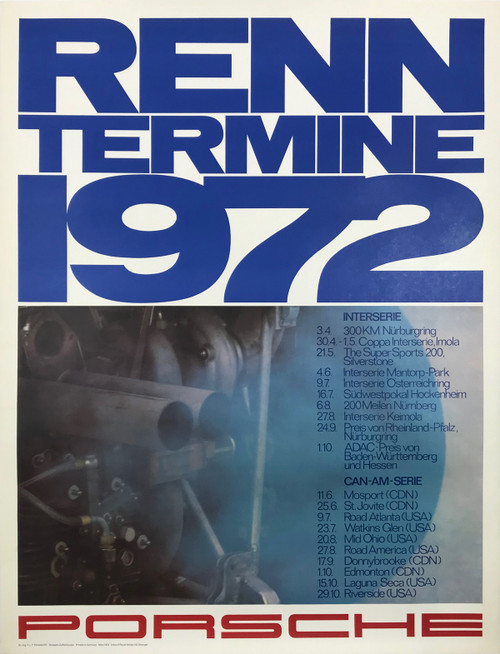 Porsche Renn Termine 1972 Poster Original Vintage German Strenger Studio Car Racing Promotional Lithograph Advertisement Linen Backed.