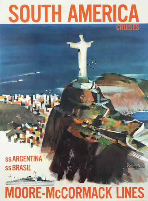 South America Cruises Poster by Dong Kingman Original 1964 Vintage Boat Line Travel advertisement Linen Backed.