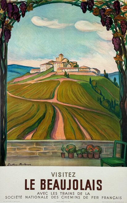 Visitez Le Beaujolais SNCF Poster By Doillon Toulouse Original 1957 Vintage French Lithograph Passenger Railway Travel Advertisement Linen Backed.