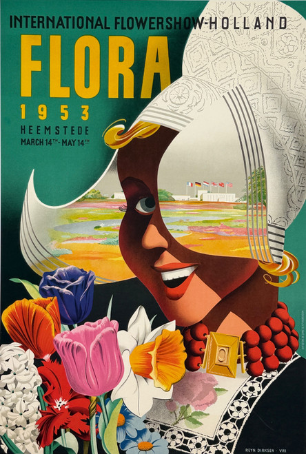Flora International Flower Show Poster by Reyn Dirksen Original 1953 Vintage Holland Lithographed Exposition Advertisement Linen Backed.