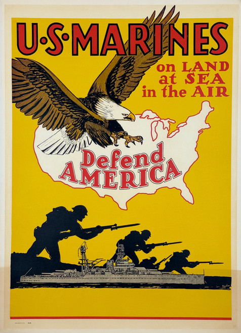 U.S. Marines Defend America On Land At Sea In The Air Poster By P. Woyshner Original 1942 Vintage USA Militray Recruitment Advertisement Linen Backed.