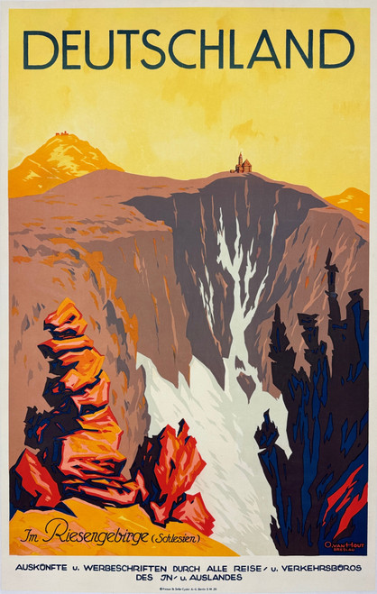 Deutschland Im Riesengebirge Poster by O. Van Hout Breslau Original 1922 Vintage German Travel Advertisement Stone Lithograph Linen Backed. Giant Mountains National Park