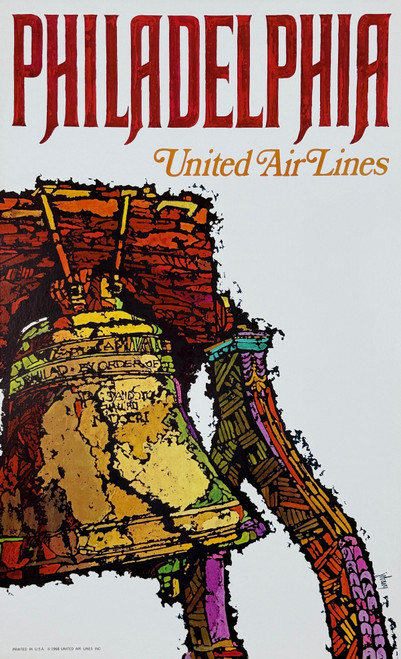Philadelphia United Airlines Poster By James Jebavy Original 1968 Vintage American Lithograph Passenger Plane Service Advertisement Linen Backed.