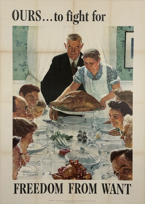 Freedom from Want Poster By Norman Rockwell Original 1943 Vintage American Lithograph Propaganda Advertisement Linen Backed.