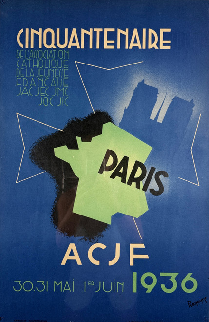 ACJF Cinquantenaire Paris Poster By Reneyre Original 1936 Vintage French Religous Event Stone Lithograph Advertisement Linen Backed. "Association Catholic Young French".