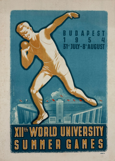 Summer Games Budapest Poster By Nyari Janos Original 1954 Vintage Hungary World University Event Lithograph Advertisement Linen Backed.
