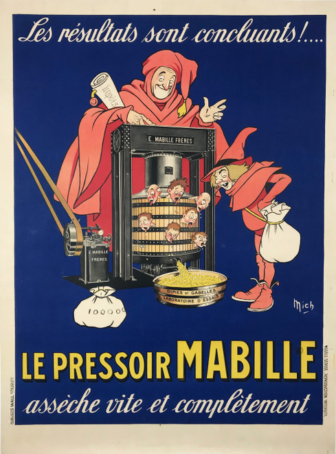 Le Pressoir Mabille Poster by Mich Original 1920 Vintage French Wine Press Company Advertisement Stone Lithograph Linen Backed.