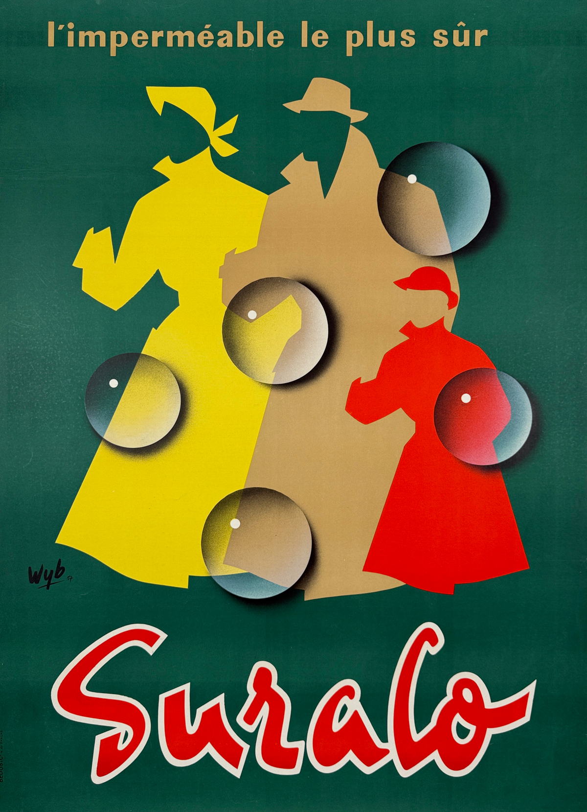 Suralo Rain Coats Poster By WYB Original 1957 Vintage French Lithograph Outerwear Company Advertisement Linen Backed.