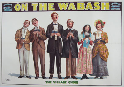 On The Wabash The Village Choir original vintage poster from 1898 by Russell Morgan. American horizontal advertisement features singing performers.