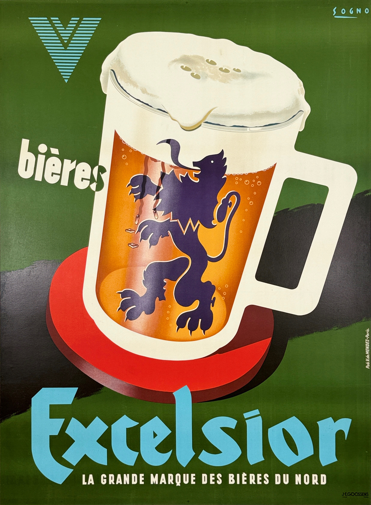 Bieres Excelsior Poster By J. Sogno Original 1940 Vintage French Stone Lithograph Brewery Advertisement Linen Backed.