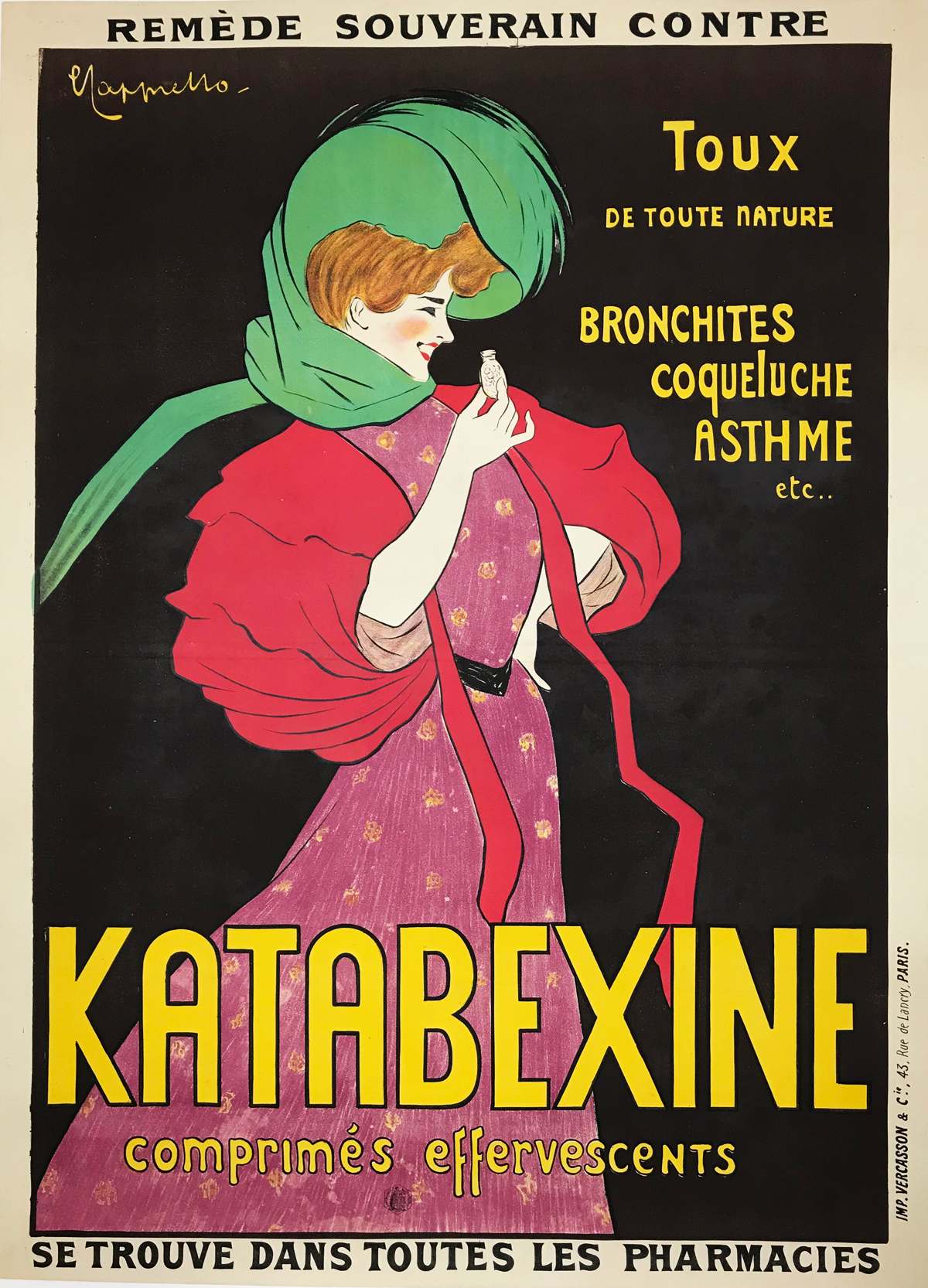 Katabexine original vintage poster by Leonetto Cappiello from 1903. French poster advertising cough medicine, shows a women in a pink and red dress with a green scarf and she is holding a medicine bottle.