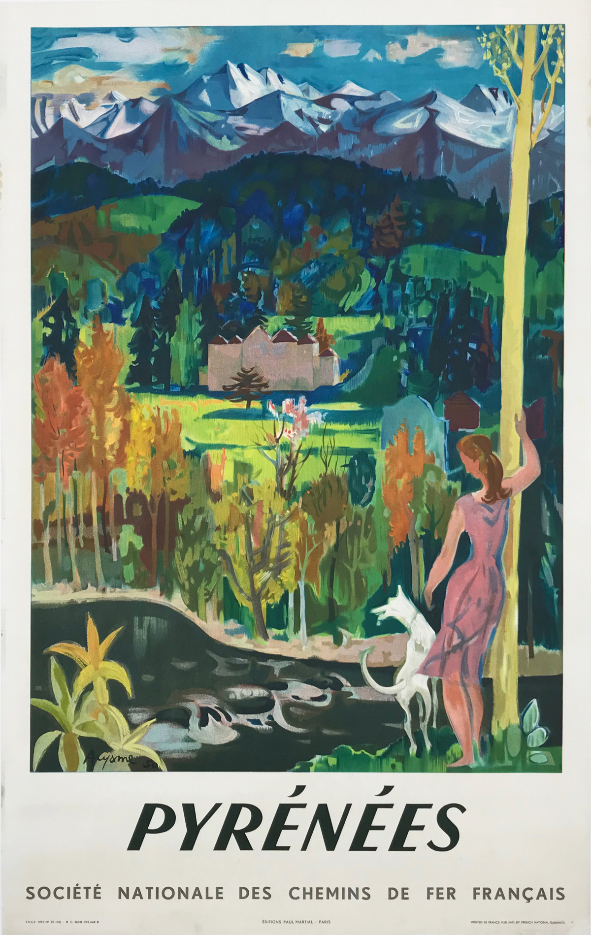 Pyrenees SNCF Railways Poster by Aiyame Original 1951 Vintage French Lithograph Passenger Train Travel Advertisement Linen Backed.