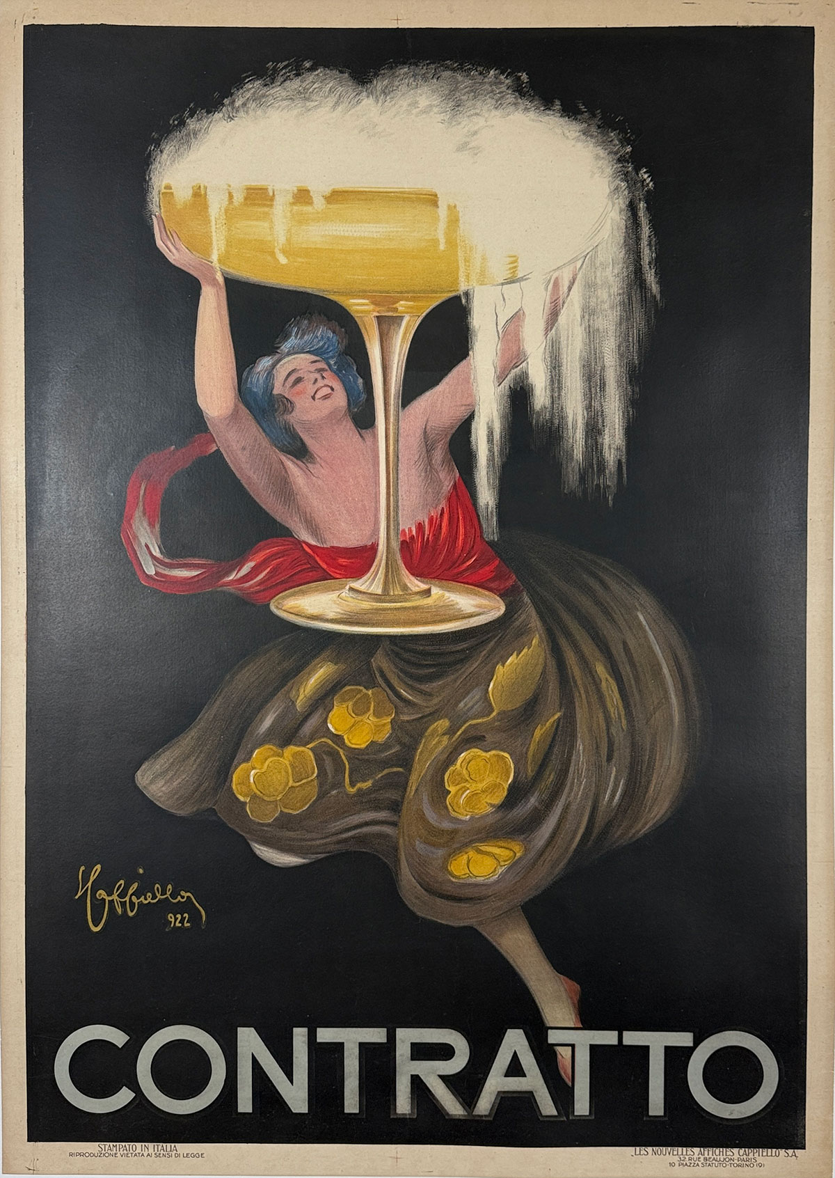 Contratto Asti Poster By Leonetto Cappiello Original 1922 Vintage Italian Sparkling Wine Company Stone Lithograph Advertisement Linen Backed.