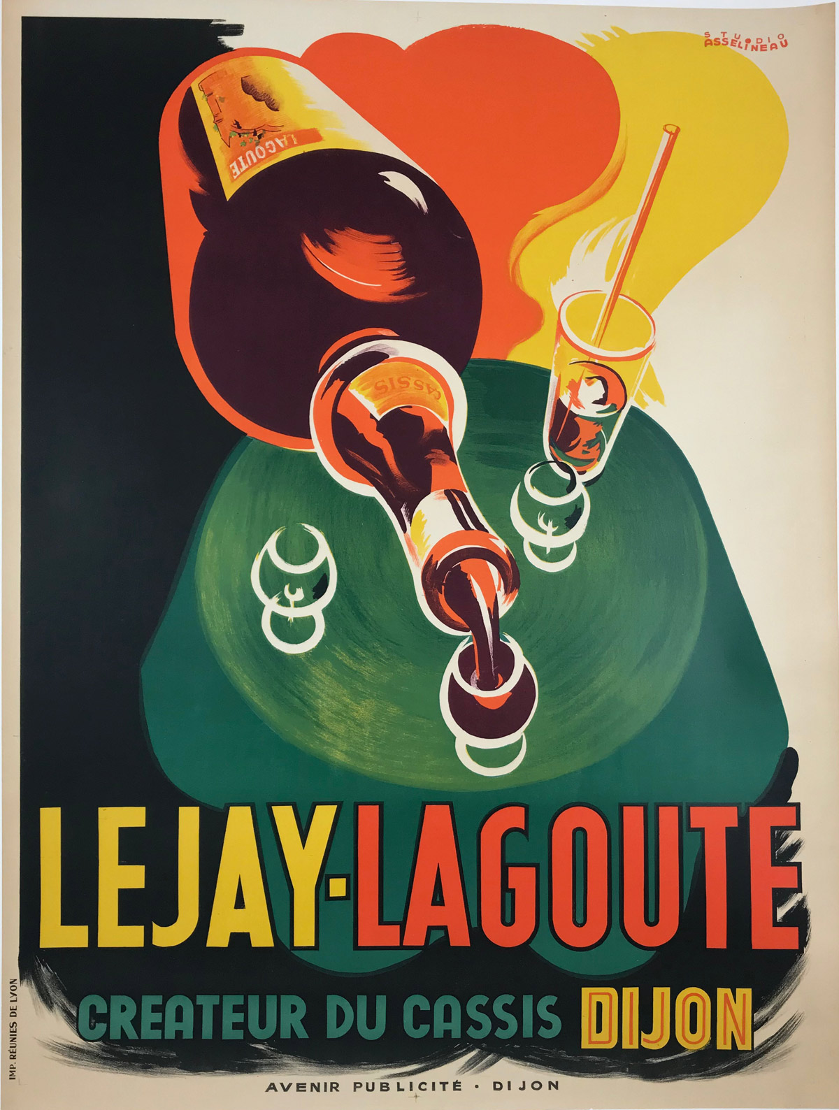 Lejay Lagoute Cassis by Studio Asselineau Original 1935 Vintage French Sprit Advertisement Stone Lithograph Poster Linen Backed.