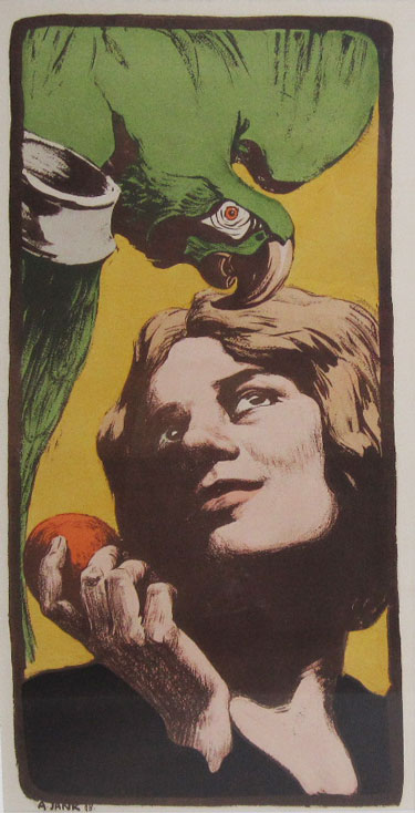 Woman with the parrot original advertisement lithography vintage poster by Jank from 1898 France. Shows a woman holding an apple with a parrot on top in right corner