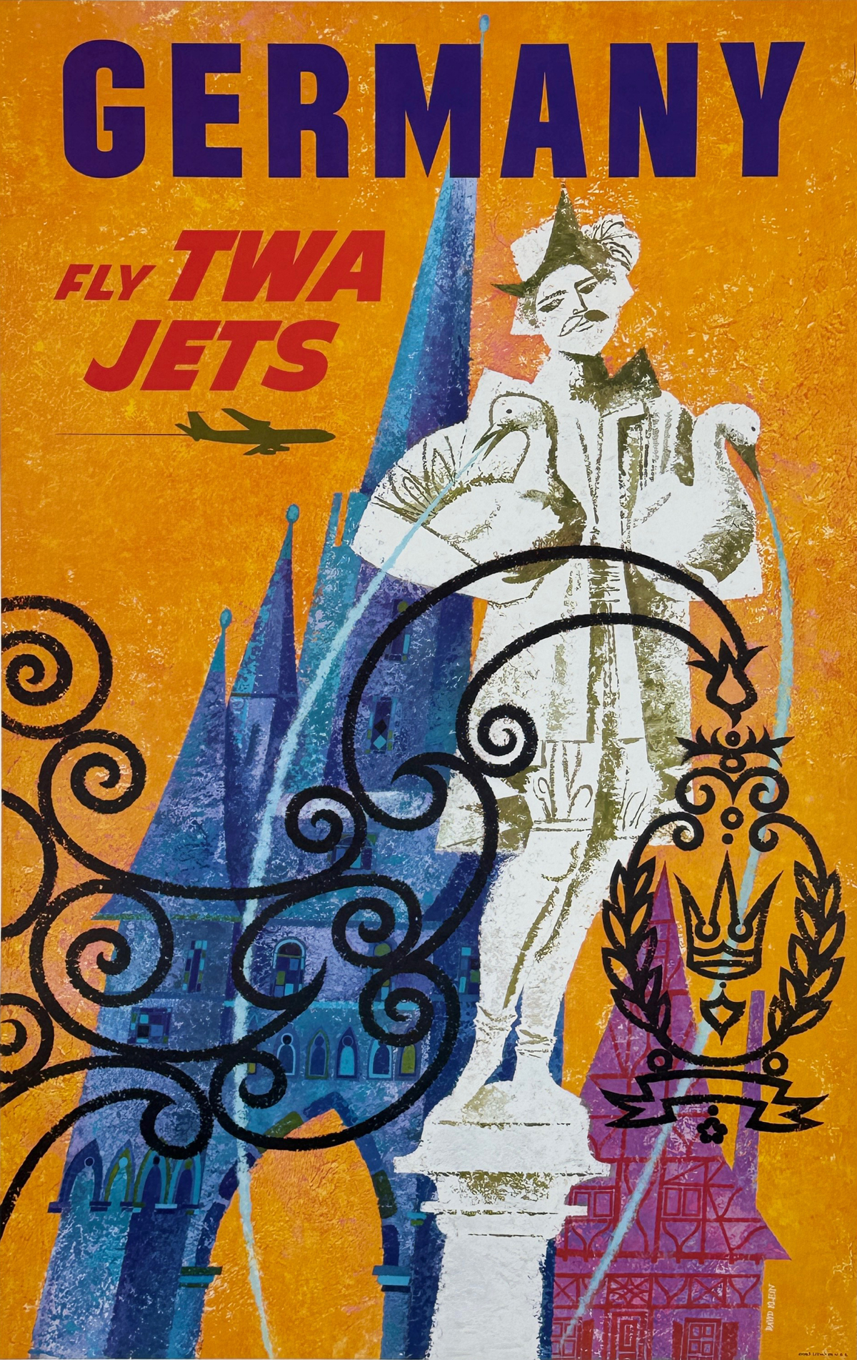 Fly TWA Jets Germany Poster By David Klein Original 1964 Vintage USA Plane Travel Lithograph Advertisement Linen Backed.