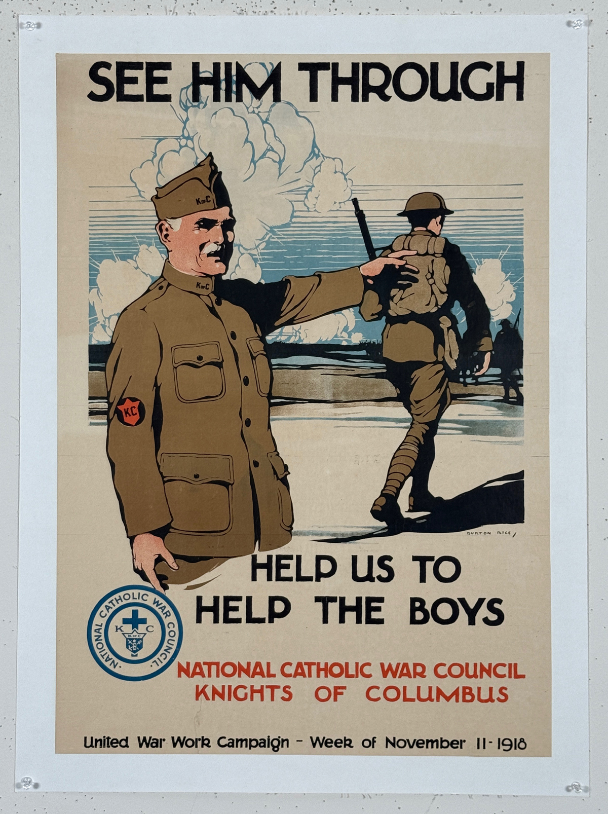 See Him Through - Help Us To Help The Boys By Burton Rice Original 1918 Vintage USA War Council Lithograph Advertisement Linen Backed.