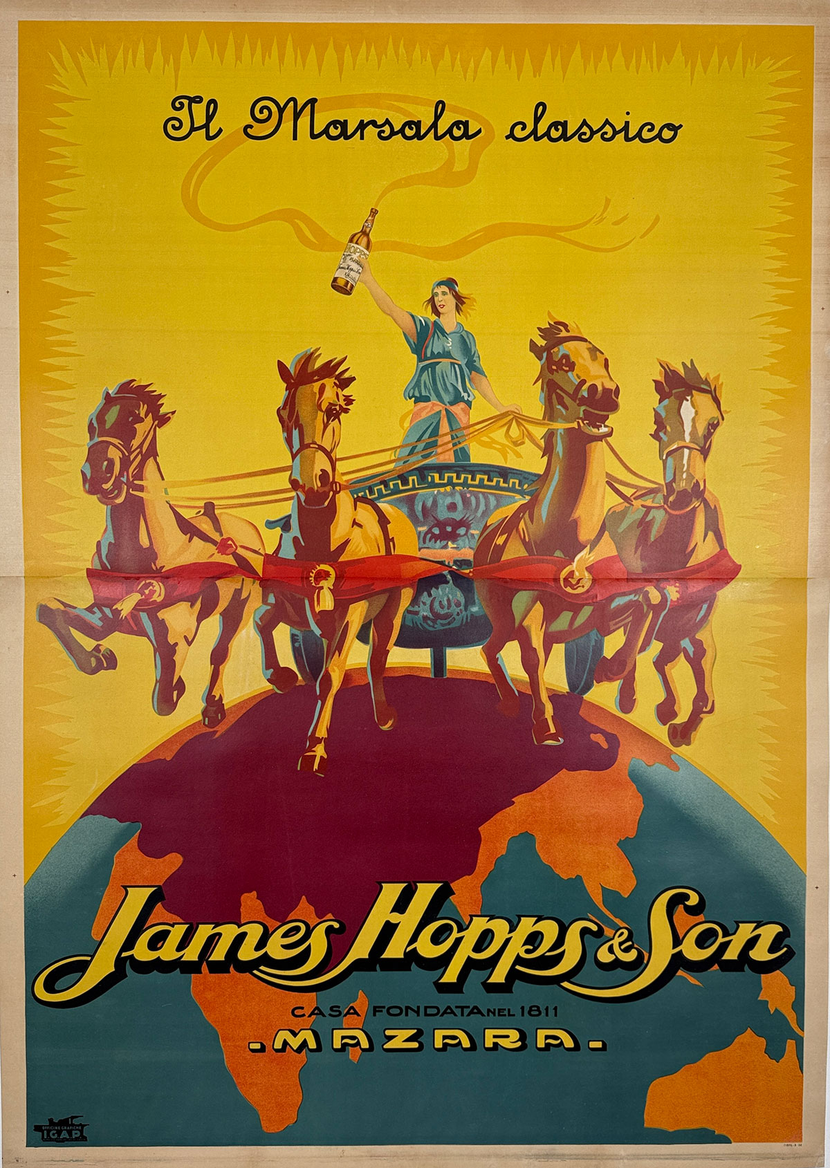 James Hopps & Son (2-Sheet) Poster Original 1923 Vintage Italian Wine Company Stone Lithograph Advertisement Linen Backed.